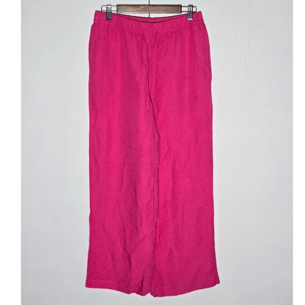 H&M Women Linen Blend Wide Leg Pants Med Pink Drawstring vacation travel beach